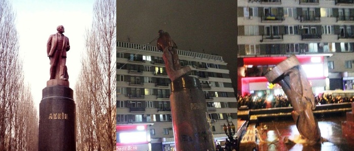 Monuments, such as this one in Kiev built in honor of Russian Revolutionary leader Vladimir Lenin, were defaced and brought crumbling to the ground by protesters. 