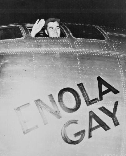Col. Paul W. Tibbets Jr. embarking on the flight on the Enola Gay that will kill hundreds of thousands of Japanese civilians when an atomic bomb is dropped from the plane on Hiroshima.